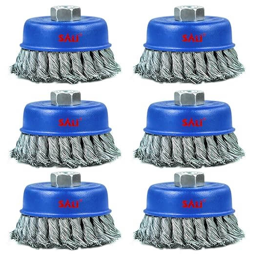 SALI 6 Pack Wire Cup Brush, 4 Inch Twisted Knotted Cup Brush for Grinders, with 5/8-11 Inch Arbor for Heavy Cleaning Rust, Stripping and Abrasive, for Angle Grinder