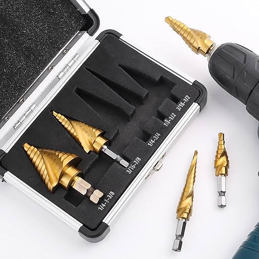 Step Drill Bits, 5PCS Spiral Grooved HSS Titanium Step Drill Bit Set, 50 Sizes High Speed Steel Step Bits for Metal with Aluminum Case