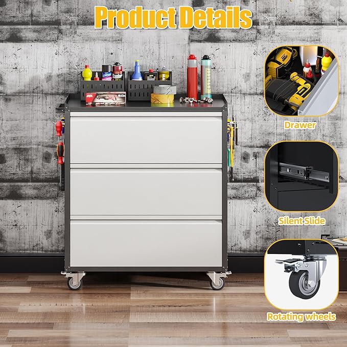 Aobabo Metal Garage Tool Storage Cabinets with Wheels, Steel Cabinet with Drawer, 3 Drawers Rolling Tools Chest Cabinet for Garage, Warehouse, Assembly Required, Black+Grey