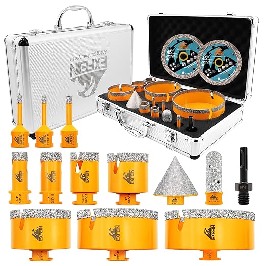 Tile Hole Saw Kit 15pcs - Diamond Core Drill Bits(1/4"-5") + 2pcs 4.5" Tile Blades + SDS Adapter for Ceramic Porcelain Marble
