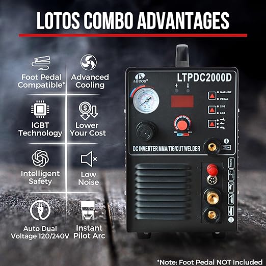 LOTOS LTPDC2000D 2024 Upgraded 3 in 1 Plasma Cutter TIG Sitck Welder Combo, 5/8" 16mm Clean Cut 3/4" 20mm Severance Cut 50A Non-Touch Pilot Arc Plasma Cutting Machine, 200A Tig & Stick Welder, Brown