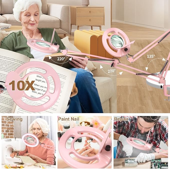 HITTI 2200 Lumens 10X Magnifying Glass with Light and Stand, 24W Super Bright Esthetician Light Magnifier, Stepless Dimmable Hands Free Magnfiying Lamp for Workbench Craft Painting Reading Hobby