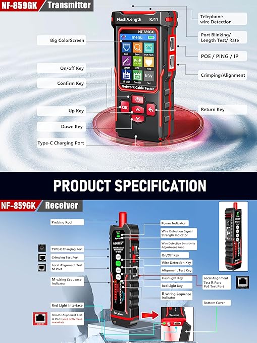 NF-859GK Network Cable Tester with lP Tester,VFL 10mwVisual Fault Locator,PING/POE/RJ45 RJ11 TDR CAT5CAT6 Cable Toner Ethernet Tester for Phone LinesCAT3,Wire Tracer LAN Network Tool