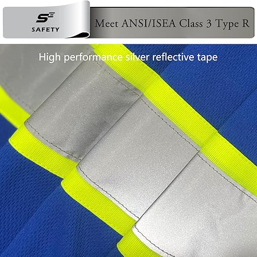 sesafety High Visibility Shirts for Mens Class 3 Hi Vis Reflective Construction Shirts for Men with Pocket Safety T Shirts for Men Work Shirt for Mens Short Sleeve Blue Yellow Strips 5XL