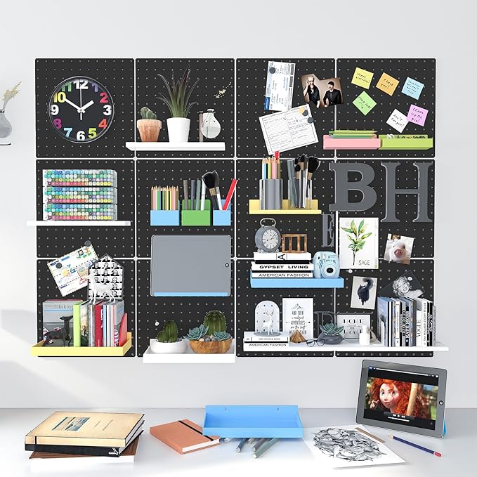 Peg Board, 4 Pack Metal Pegboard Panels Black Pegboards Wall Organizer with Bent Frame Large Heavy Duty Peg Board for Walls Home, Garage Tool Storage, Office Organization, Craft Room, Kitchen