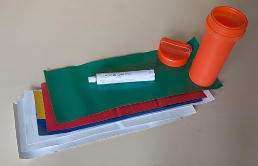 Vinyl Adhesive Party Tent Patch Repair Kit, 5" x 5" Pieces (3 White, 1 Blue, 1 Red, 1 Green, 1 Yellow) with 1 oz. Liquid Repair Glue and Portable Orange Carrying Case