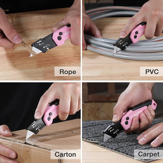 WORKPRO Folding Utility Knife, Quick Change Box Cutter, Razor Knife for Cartons, Cardboard, Boxes, Blade Storage in Aluminum Handle, 13 Extra Blades Included - Pink Ribbon