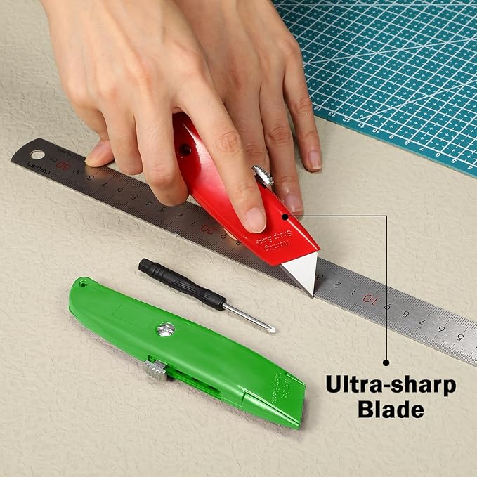 Reginary 30 Pcs Box Cutter Bulk Retractable Blade Utility Knife Heavy Duty Aluminum Alloy Razor Shell Knife for Cartons, Cardboard and Boxes, DIY, Factory, Home(Red, Green, Blue)