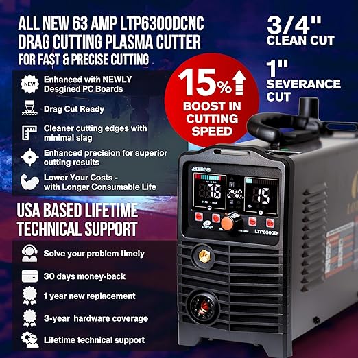 LOTOS LTP6300DCNC 63AMP Non-Touch Pilot Arc CNC Enabled Plasma Cutter, Drag Cut Enabled, 3/4" 19mm Clean Cut, 1" 25mm Severance Cut, THC Torch Height Control Enabled, Non-HF Arc Start, 110V/220V