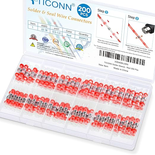 TICONN 200 PCS Solder Seal Wire Connectors, Heat Shrink Butt Connectors, Waterproof and Insulated Electrical Wire Terminals, Butt Splice (200PCS, Red)
