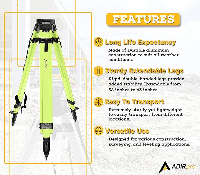 AdirPro Universal Survey Tripod – Laser Level Tripod – Transit Level Tripod - Quick Clamp - Heavy Duty Contractor Tripod 5/8” x 11” Thread (Green Aluminum)