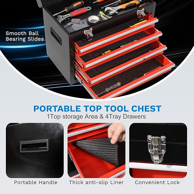 Rolling Tool Box, 5 Drawer Tool Chest with Wheels, Tool Box Organizer with Detachable Top, Lockable Drawers & Sliding Storage for Garage & Workshop
