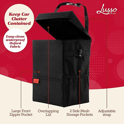 Lusso Gear Spill-Proof Car Trash Can (3.5 Gallon) - Easy to Clean Hanging Garbage Bin - Leak-Proof Lid, Removable Liner, Waterproof - Keeps Truck, SUV, Car, Minivan Clean & Odor Free (Gray)