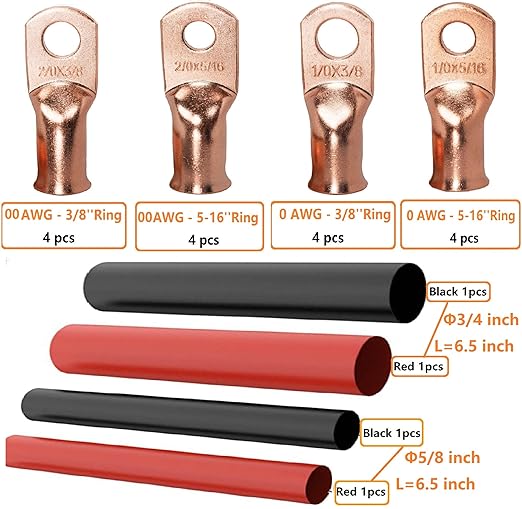 SVAAR 20pcs Battery Cable Ends Kit 1/0 AWG 2/0 AWG Copper Lugs 0 Gauge 00 Gauge Battery Cable Lugs with 3/8" and 5/16" Stud Heavy Duty Wire lugs Ring Terminal Connectors with 3:1 Heat Shrink Tube