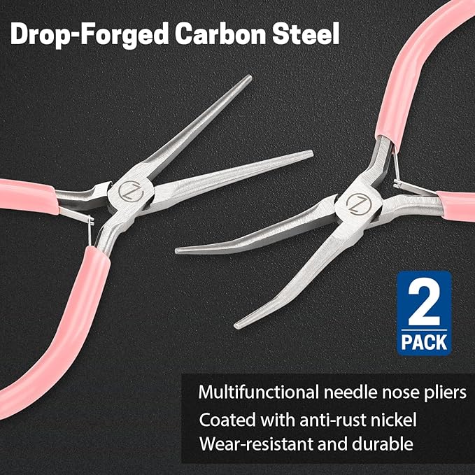 VISEMAN 6" Mini Needle Nose Pliers with Comfort Grip Handles, 2PCS Long Nose Pliers Set for Handmade Craft, Pink
