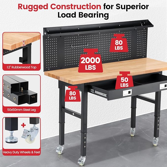 Workbench with Wheels 60 Inch Heavy Duty Rubberwood Tabletop Work Bench for Garage Adjustable Height Work Table with Pegboard, Drawers, Power Outlets for Woodworking, Home, Office, Workshop