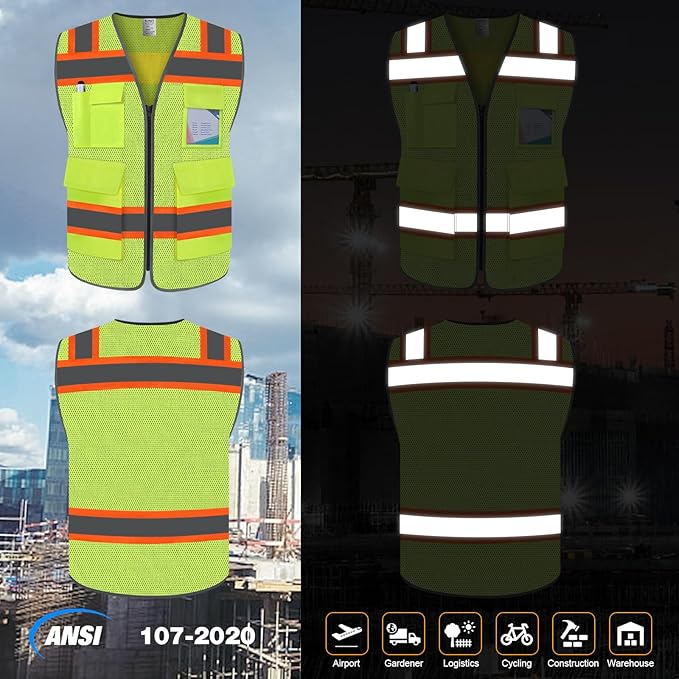 TCCFCCT High Visibility Vest 5 Pockets Mesh Reflective Safety Vest for Men Women, Hi Vis Work Vest with Reinforced Zipper and Fluorescent Orange Edge, Durable to Use, Meets ANSI/ISEA, DW-Yellow, M