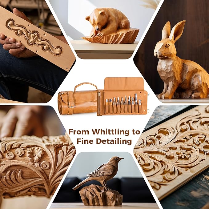 18PCS Wood Carving Kit for Beginners & Enthusiasts – Whittling Knife Set with Toll Roll Tote, Safety Gloves, Sharpening Stone, Leather Strop – Wood Carving Tools Set