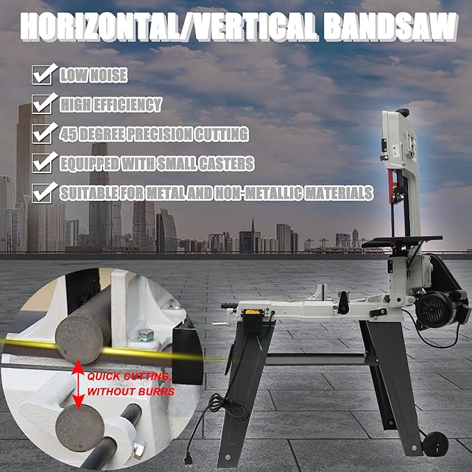 110V Horizontal Vertical Bandsaw 1/2HP 420W Bench Top Metal Cutting Bandsaw Machine with 100x150mm Cutting Capacity Tilting Vise 0-45° Casters Work Light for Metal & Non-Metallic Materials