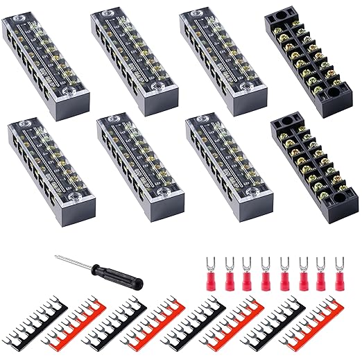 Terminal Block (8 Sets) 8Pcs 8 Positions Dual Row 600V 15A Screw Terminal Strip Blocks withCover&8 PcsPre-Insulated Barrier Termina Block Strip&64Pcs Insulated Fork Wire Connector