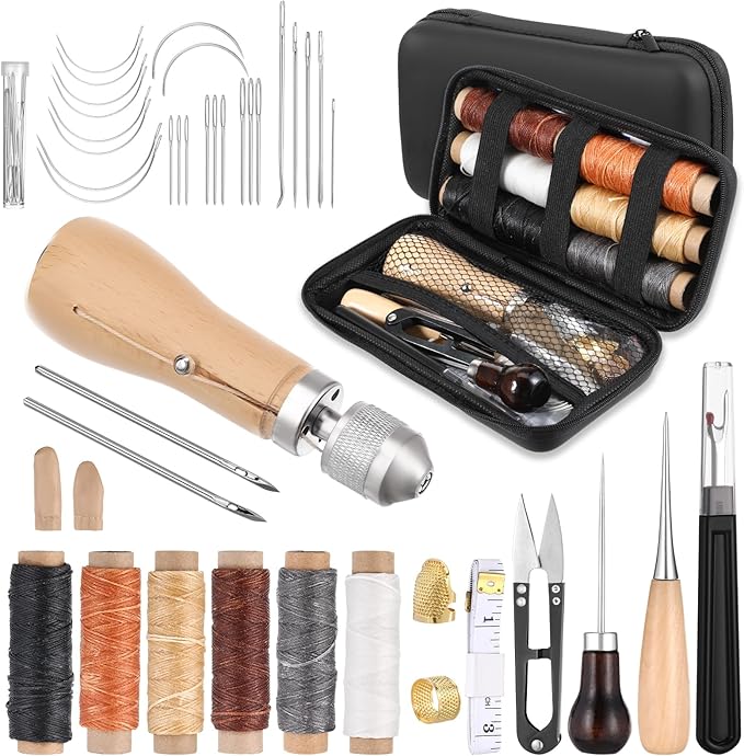 40pcs Portable Sewing Awl Kit with Bag, Awl Tool Leather Stitching Waxed Thread Kit for DIY Leather Sewing Repair Craft