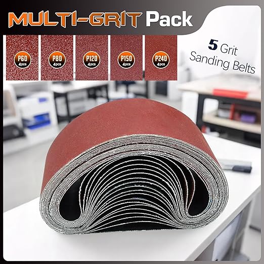 KonaFlex Sanding Belts 20 Pack 3x21 Inch Belt Sander Paper Aluminum Oxide with 60/80/120/150/240 Grits for Woodworking, Paint Sanding, Metalworking, Rust Removal