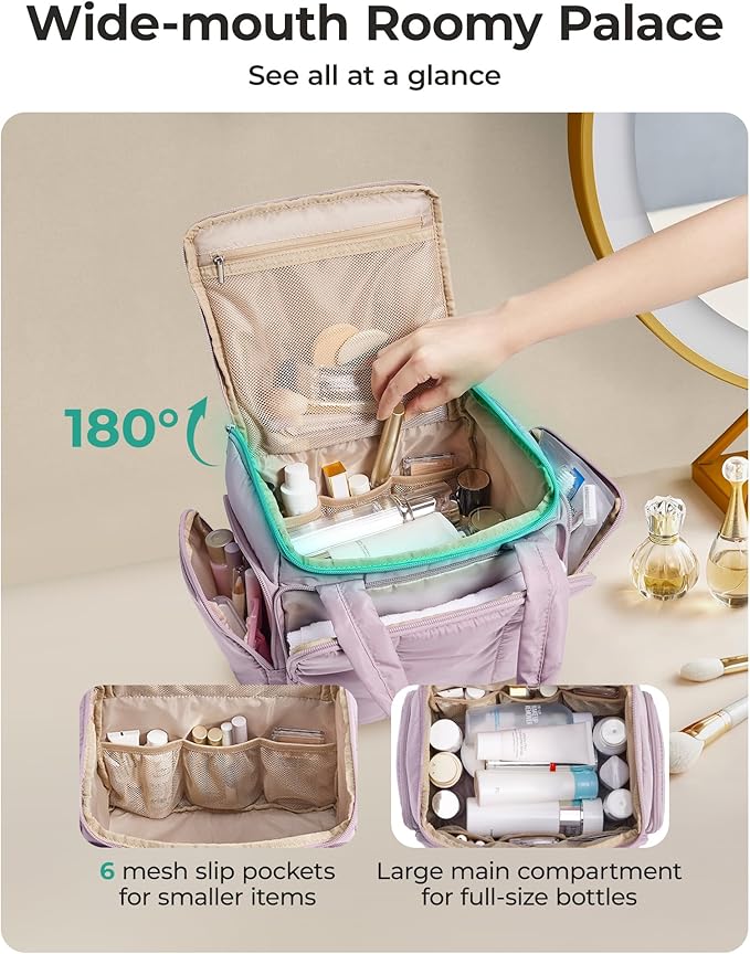 BAGSMART Toiletry Bag for Women with Dual-Padded Handles, Puffy Lightweight Makeup Bag for Makeup Accessories, Brushes Set, Travel-Sized Container, Camel