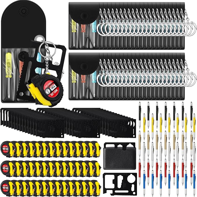 168 Pcs Mini Tape Screwdriver Keychain Set Christmas Men Gifts Bulk Adult Party Favors Multitool Pen Card Tool Measuring Keychains Stocking Christmas Stuffers for Men Dad (Multicolor)