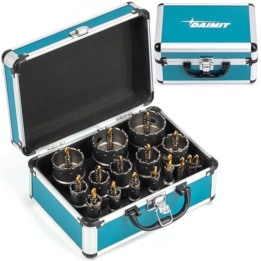 DAIMIT 19Pcs TCT Hole Saw Kit, 9/16"-2-3/8" Heavy-Duty Tungsten Carbide Hole Saws Kit for Metal, Stainless Steel, Iron, Wood, Plastic, with 3*Detachable Pilot Drill Bits and 3*L-Wrench