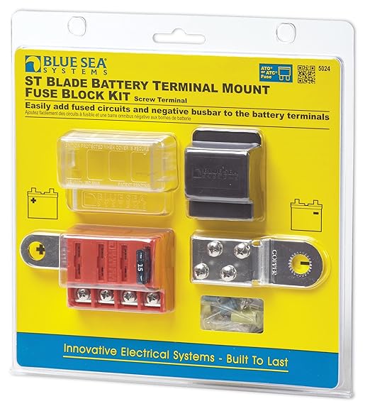 Blue Sea Systems 5024 ST Blade Fuse Block Battery Terminal Mount 4 Way Circuit Kit, 100 Amps