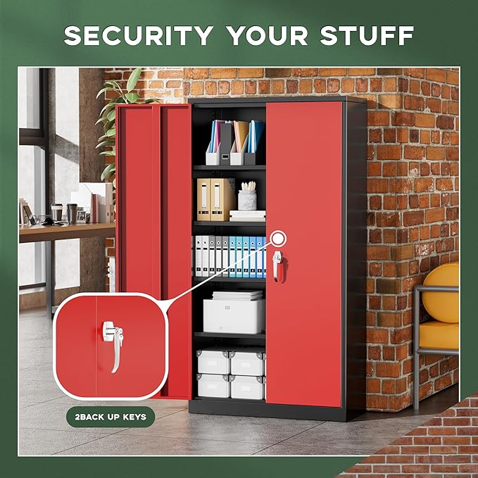 Greenvelly Metal Garage Storage Cabinet, 72" Black Red Tool Steel Locking Cabinets with Doors and 4 Shelves, Tall Cabinets for Garage Storage Systems Lockable File Cabinet for Home Office,Garage