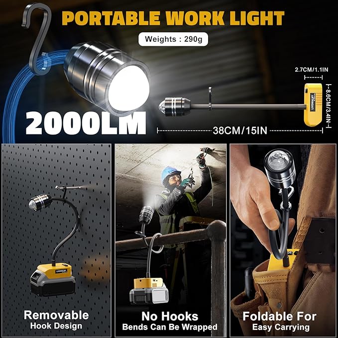LIVOWALNY 2000LM LED Work Light Compatible with Dewalt 20V Battery, 20W Flood Light, 12" Flexible Gooseneck, Flashlight Lights with USB-A & Type-C Charging Port, Low Voltage Protection (No Battery)