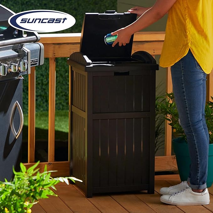 Suncast 5 Pack 33 Gallon Durable Plastic Hideaway Outdoor Garbage Can with Secure Lid & Wicker Design for Home Backyards, Decks, or Patios, Java Brown