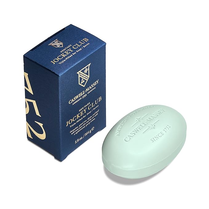 Caswell-Massey Jockey Club Natural Bar Soap for Men, Moisturizing Body Soap Bar for All Skin Types, Made with Essential Oils & Plant-Based Formula for Soft Skin, Made in USA, 5.8 oz