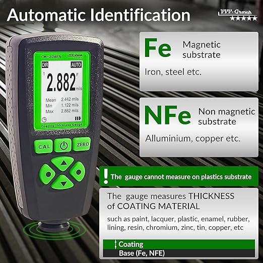 Digital Coating Thickness Gauge CM-208FN / Automatic Thickness Paint Meter for Steel and Aluminum with Resolution 0.001mils /0.1um (Fe/Al)