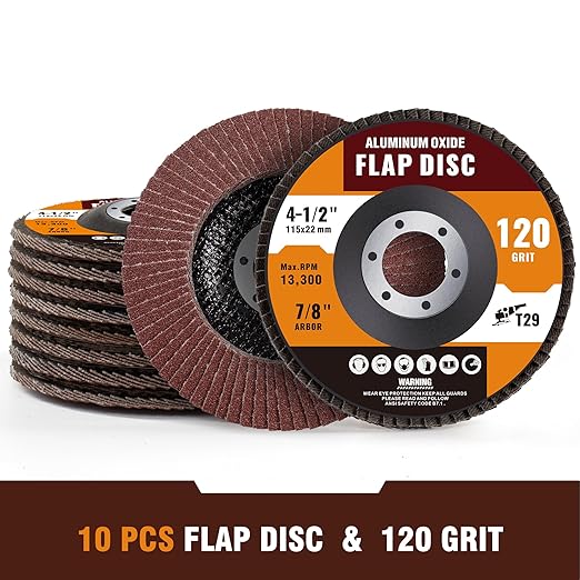 10 Pack Aluminum Oxide Flap Discs 4 1/2 for Angle Grinder 120 Grit 7/8” Arbor Flap Wheel for Rust Removal, Sanding and Finishing, T29