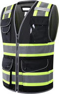 JKSafety 11 Pockets Hi-Vis Black Mesh Safety Vest for Men Women High Visibility Reflective Construction with Zipper Work Utility PPE Work Gear ANSI/ISEA compliant (102-Black 4XL)
