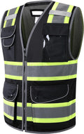 JKSafety 11 Pockets Hi-Vis Black Mesh Safety Vest for Men Women High Visibility Reflective Construction with Zipper Work Utility PPE Work Gear ANSI/ISEA compliant (102-Black XXL)