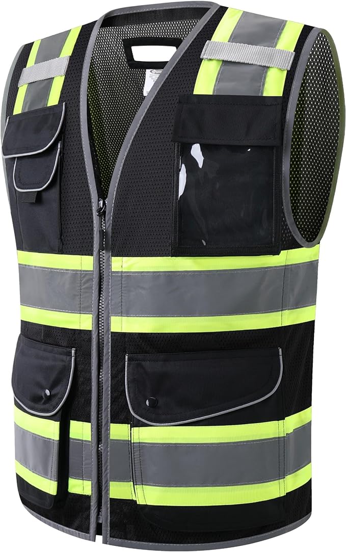 JKSafety 11 Pockets Hi-Vis Black Mesh Safety Vest for Men Women High Visibility Reflective Construction with Zipper Work Utility PPE Work Gear ANSI/ISEA compliant (102-Black XXL)