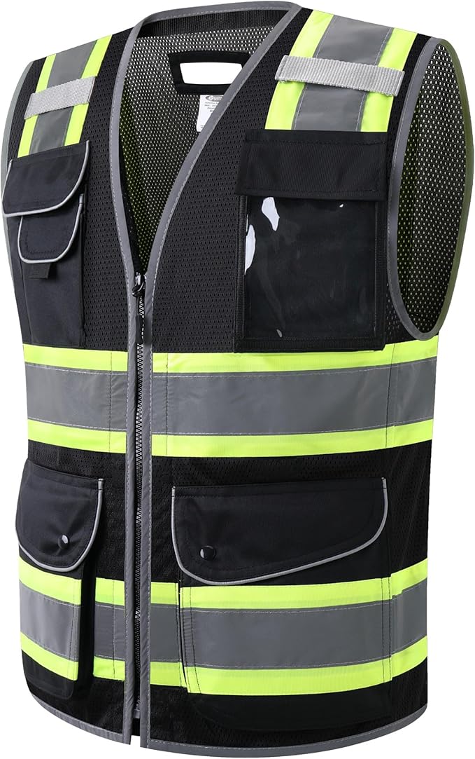 JKSafety 11 Pockets Hi-Vis Black Mesh Safety Vest for Men Women High Visibility Reflective Construction with Zipper Work Utility PPE Work Gear ANSI/ISEA compliant (102-Black 3XL)
