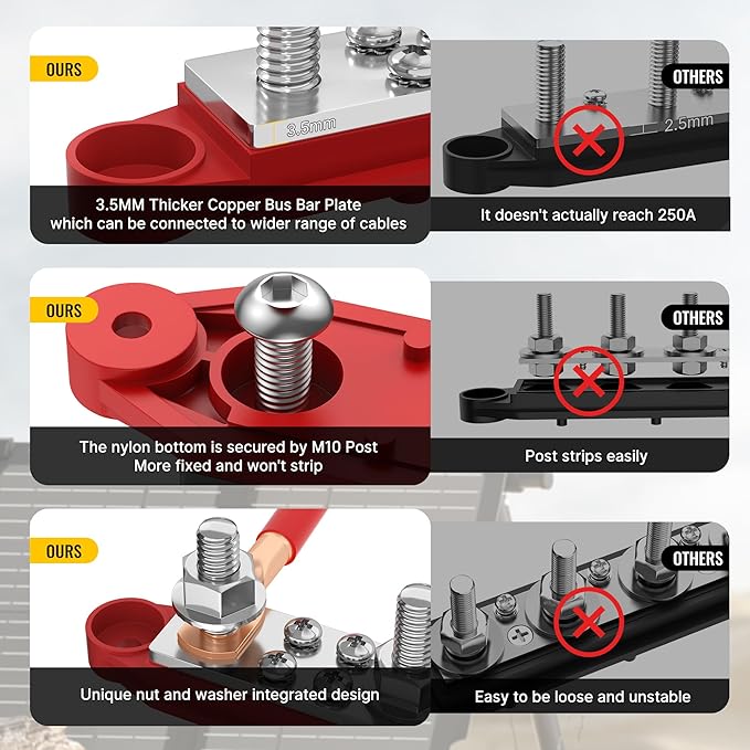 Joinfworld Bus Bar 250A 12V Power Distribution Block with 3 x 3/8"(M10) Studs Marine Bus Bar Terminal Block 12 Volt DC Battery Busbar with Cover - Negative&Positive