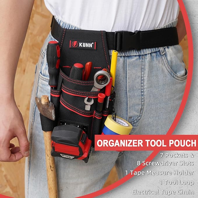 KUNN Electrician Tool Pouch with Belt Clip - 7-Pocket Lightweight Small Tool Belt Pouches for Carpenters, Technicians, HVAC - Heavy Duty Multi-Pocket Organizer for Construction, Maintenance, DIY Tools