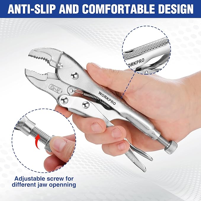 WORKPRO Locking Pliers, 7-inch Curved Jaw Vice Grips pliers, Chromium-Vanadium Steel Locking Pliers with Wire Cutter, Locking Adjustable Vise Grips for Clamping Twisting Welding