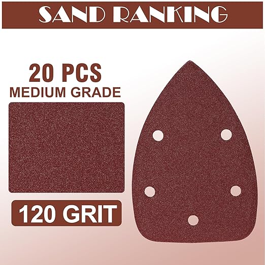 120 Grit Mouse Sander Sandpaper, Jamiikury 5 Hole Detail Sander Sandpaper Palm Sander Paper Mouse Sanding Pads Hook and Loop Sanding Sheets - Pack of 20