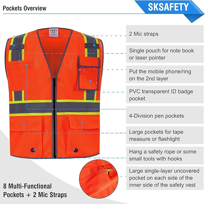 SKSAFETY 10 Pockets Safety Vest, Class 2 High Visibility Security with Zipper Double-sided mesh, Hi Vis Vest with Reflective Strips, ANSI/ISEA Standard, Construction Work Vest （Orange, XL）
