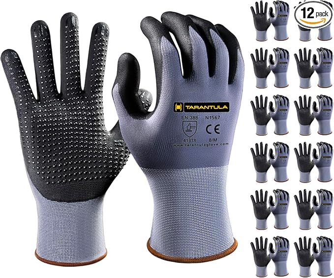 Tarantula Safety Work Gloves MicroFoam Nitrile Coated 12 Pairs,Endurance Seamless Knit Nylon,Dots on Palm,Dot Grip Gloves,Small
