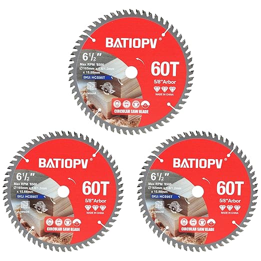 Circular Saw Blades 6-1/2 Inch 3-Pack, 60T for Wood Cutting – Ideal for Hardwood, Plywood, Chipboard – Precision Carbide-Tipped Saw Blades for Smooth Finish