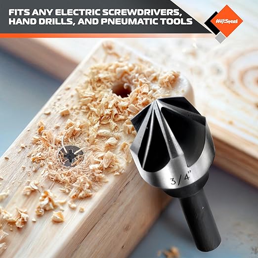 Countersink Drill Bit Set, Countersink Bit, HSS4241 Counter Sink, 82 Degree Countersink 1/4'' 3/8'' 1/2'' 5/8'' 3/4'', 5 Flute Pcs for Wood, Plywood, Plastic, Mild Steel with Aluminum Case