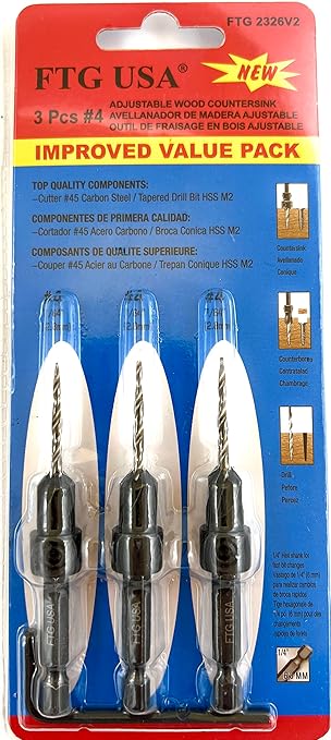 FTG USA Adjustable Wood Countersink Drill Bit Set 3 Pc #4 (7/64"") with Tapered Drill Bits for Woodworking