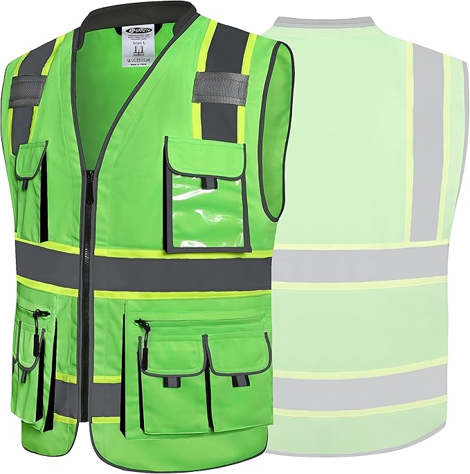 JKSafety 10 Pockets Hi-Vis Zipper Front Fluorescent Green Safety Vest | Cushioned Collar | High Reflective Tapes with Extended Neon Yellow Strips | Meets ANSI/ISEA Standards (5X-Large, 89-Green)